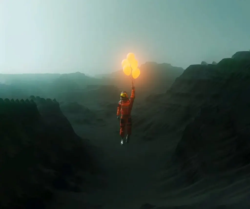 A figure holding a torch on a mountain at dusk