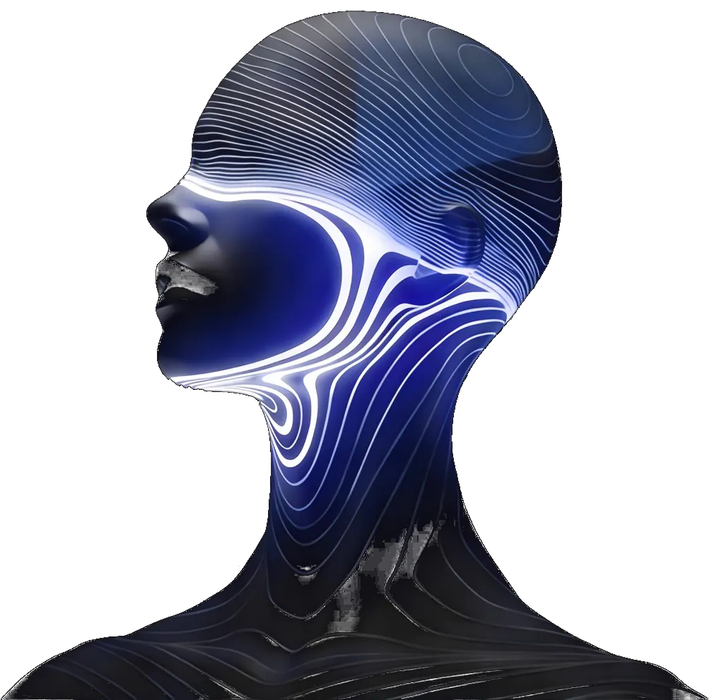 A sculptural head traced with flowing lines of light