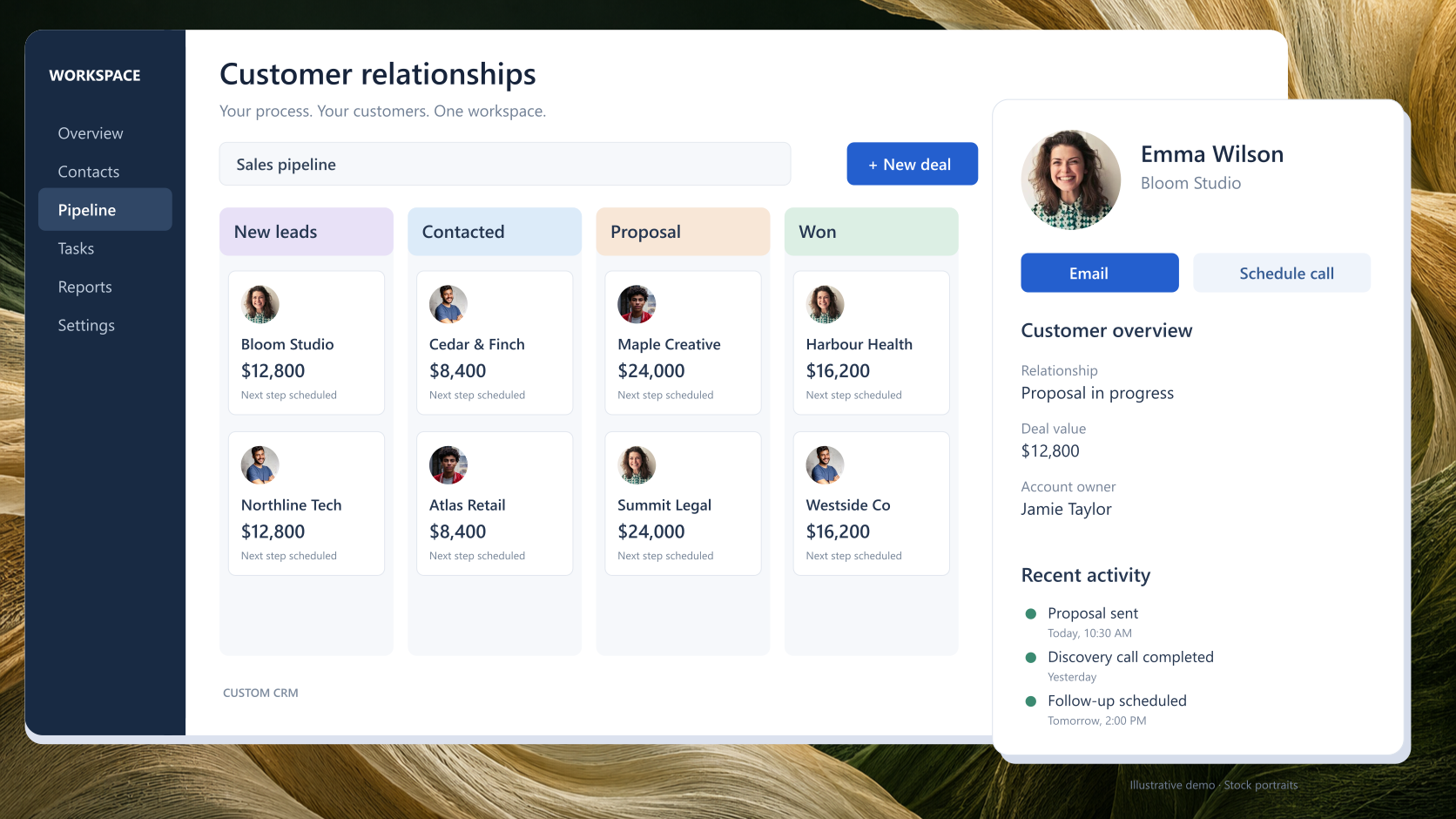 A colourful CRM sales pipeline with customer portraits, an expanded contact record and follow-up history.