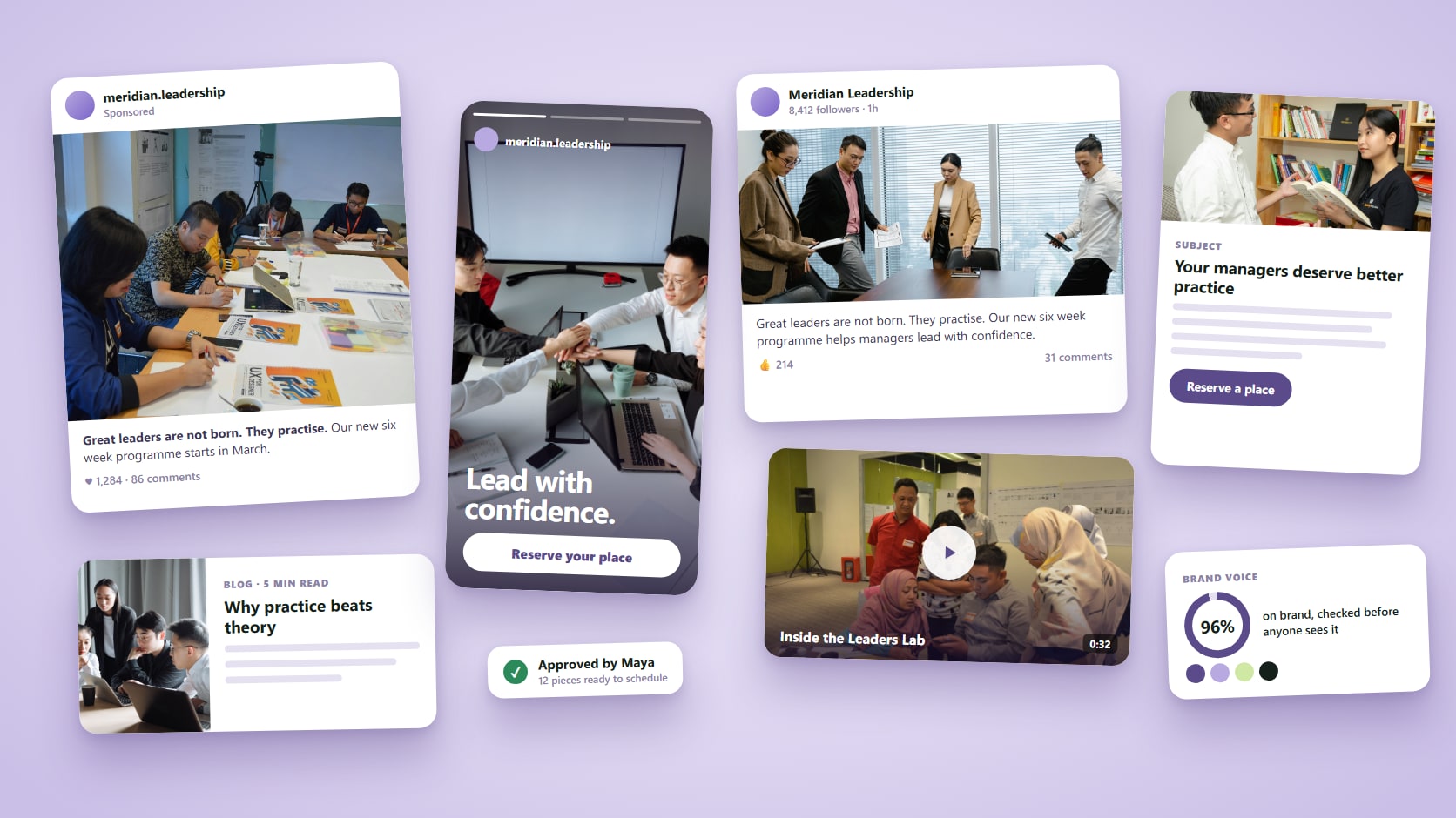 A laptop showing a content studio with a LinkedIn post, email, blog outline and video script drafted in a brand voice, beside a phone showing the finished LinkedIn post.