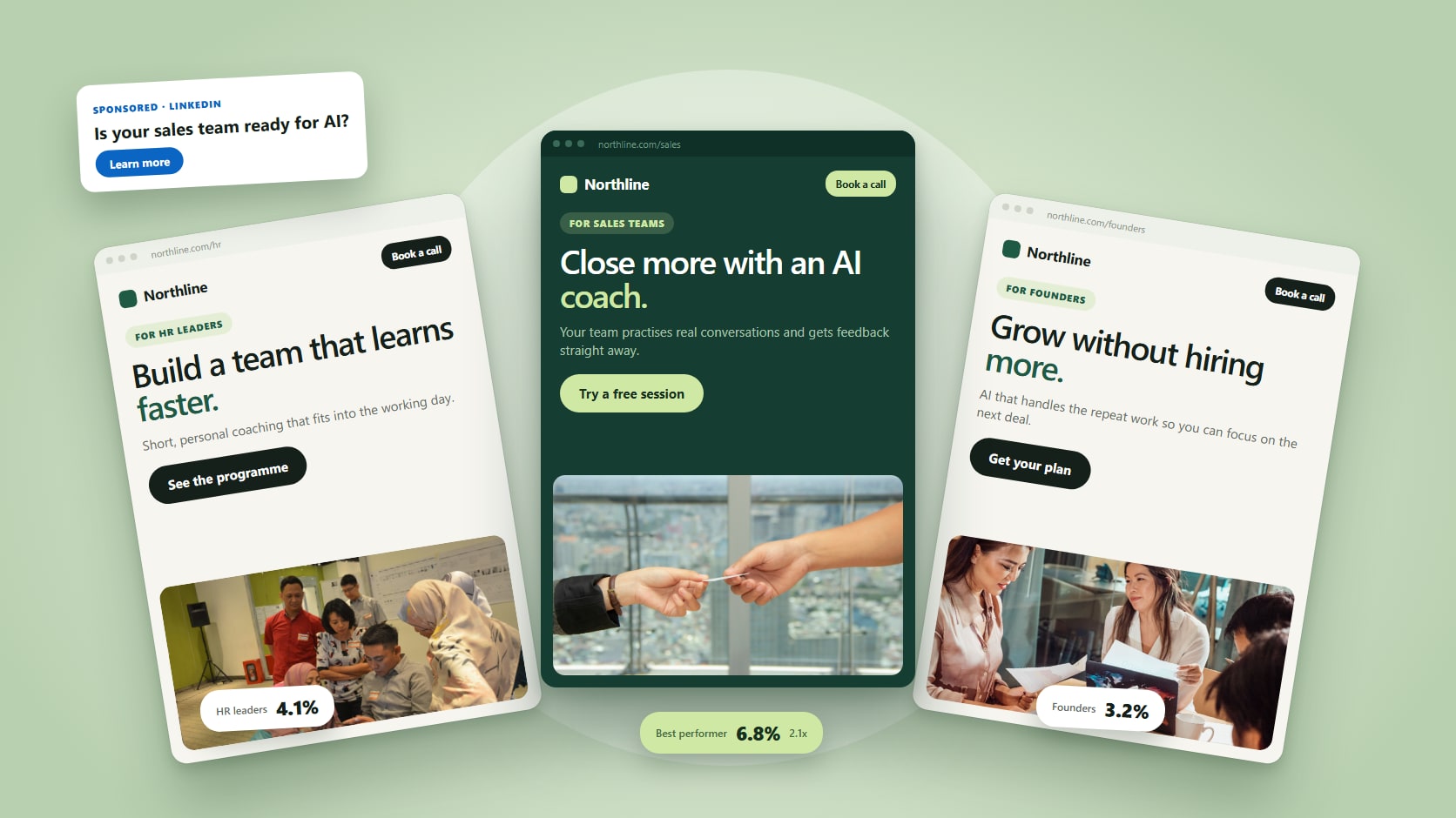 A laptop and a phone in an office showing the same AI sales coaching landing page, with a different headline for HR leaders on the phone and a 6.8% conversion rate on the laptop.