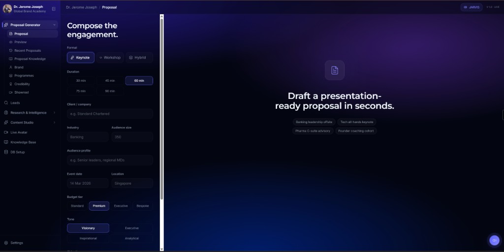 The Global Brand Academy dashboard: the Proposal Generator form next to a panel that drafts a presentation-ready proposal in seconds.