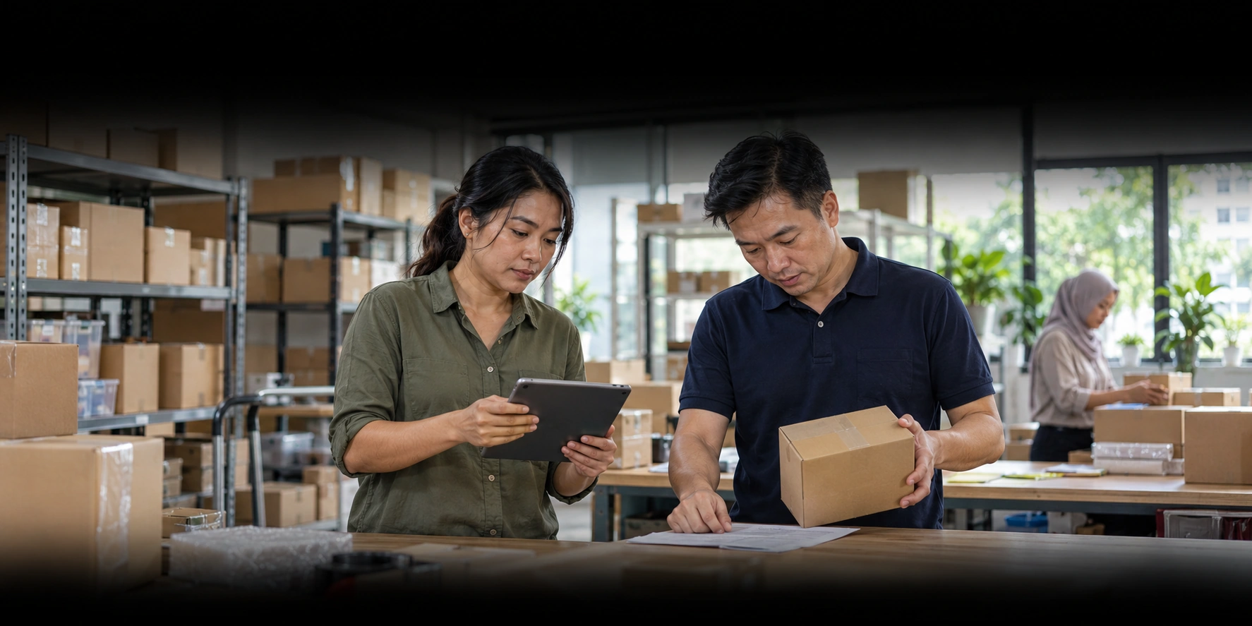 Illustration of Southeast Asian operations colleagues coordinating dispatch documents and packing orders.