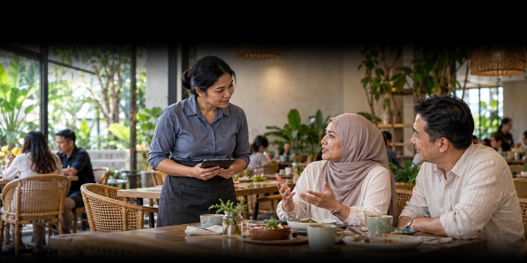 Illustration of a Southeast Asian restaurant manager listening to diners share feedback about their visit.