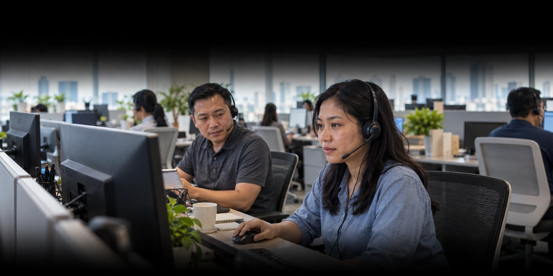 Illustration of Southeast Asian support specialists helping customers from their workstations.