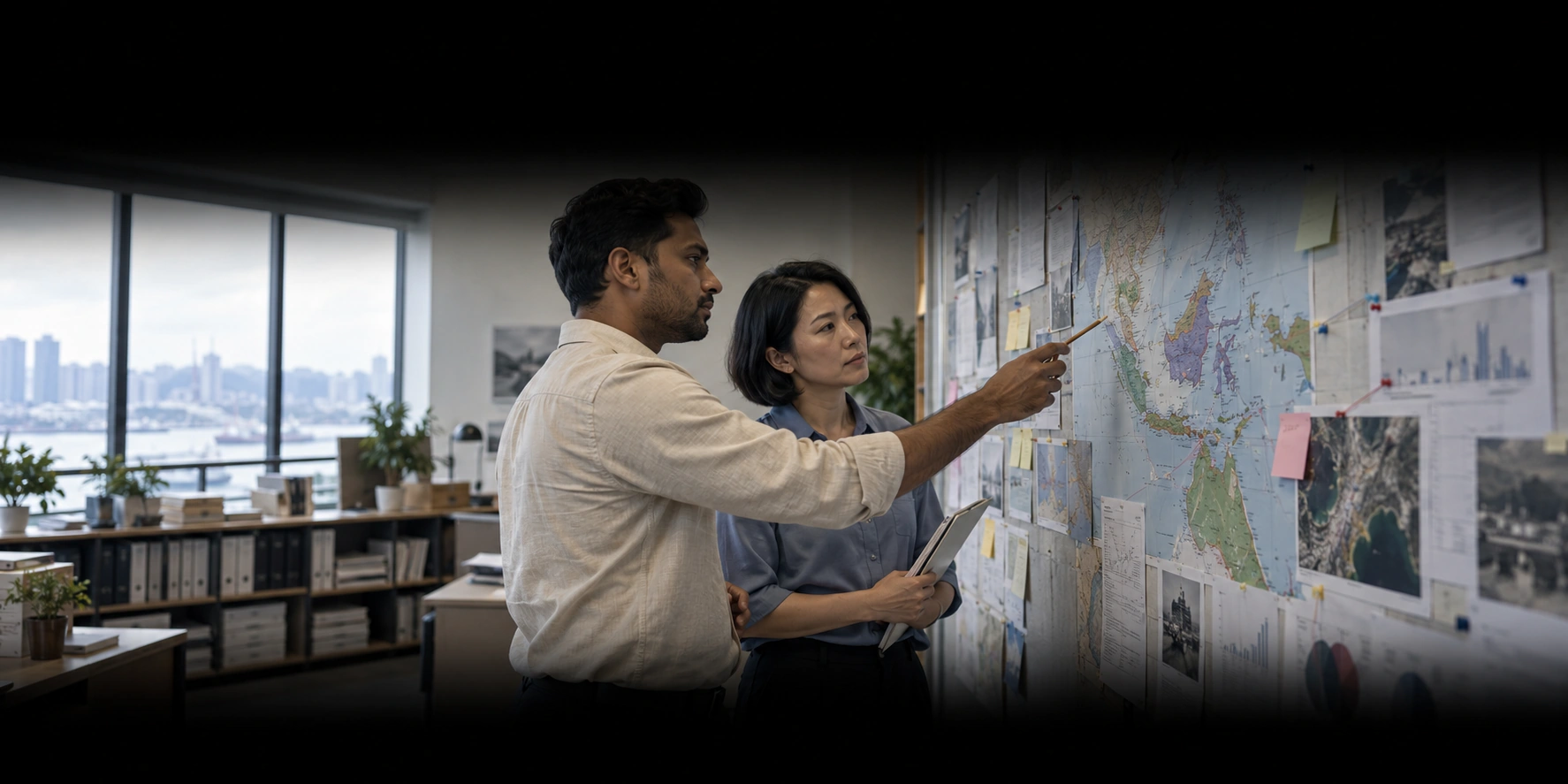 Illustration of Southeast Asian analysts examining a regional market map and research sources.